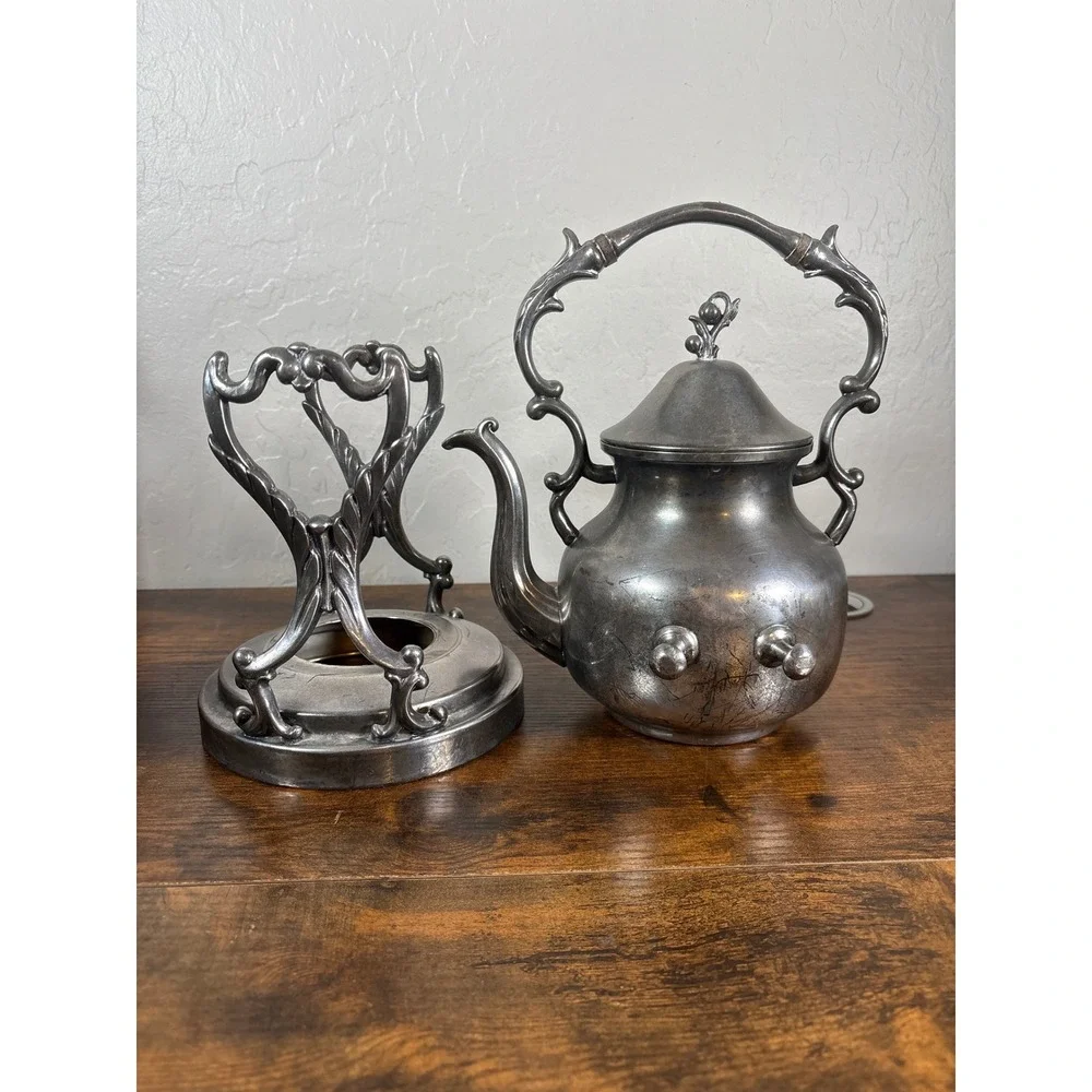 Antique Silver on Copper 5pc Tea Set Tilting Kettle Stand Victorian Ornate Hallm